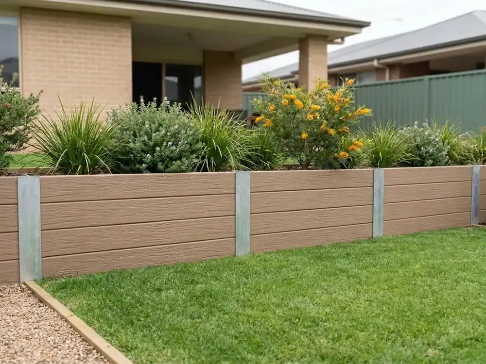 A tan brown woodgrain concrete sleeper retaining wall holding a raised native garden bed across a Canberra family backyard