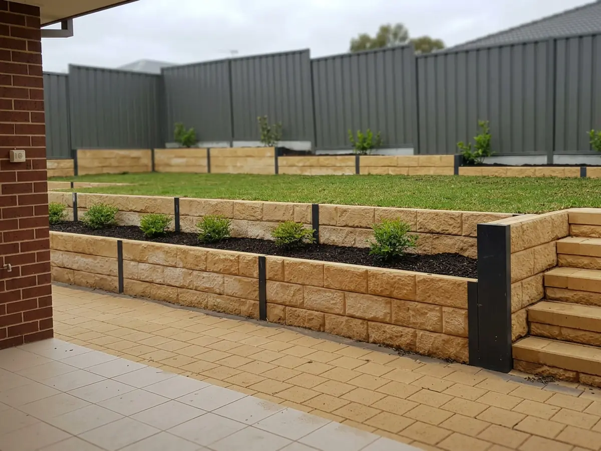 A sandstone colour split face concrete sleeper retaining wall holding a raised lawn beside a Canberra patio