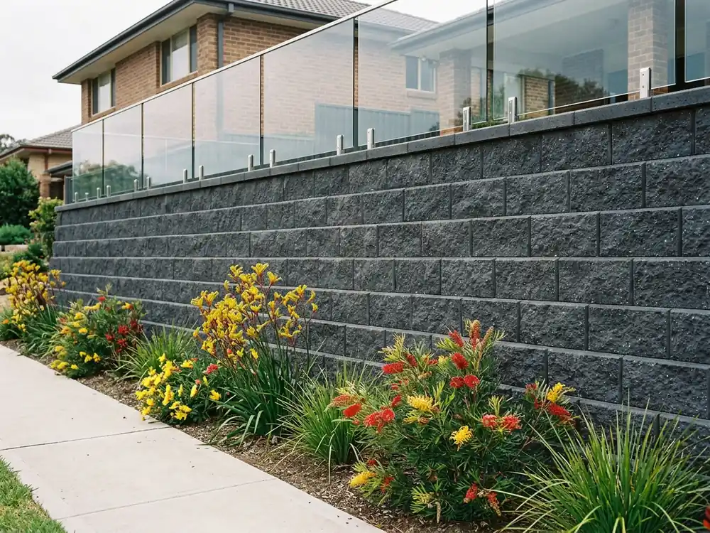 A tall charcoal split face segmental block retaining wall with a glass balustrade along a sloping Canberra garden