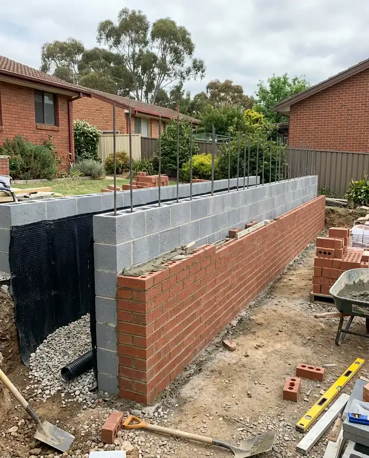 A reinforced concrete block core with steel bars and a red face brick being laid in front of it