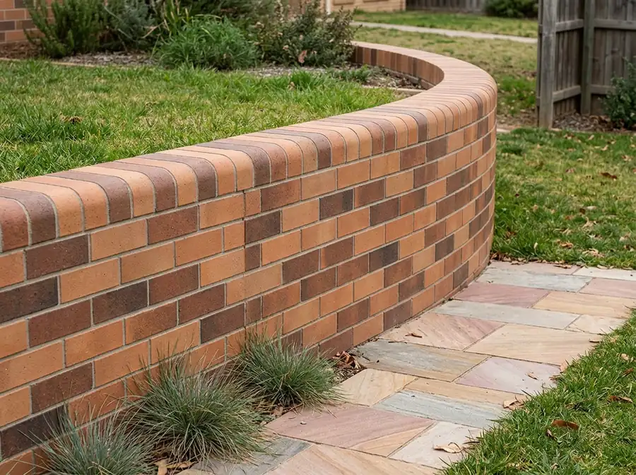 A curved orange-brown blend brick retaining wall finished with rounded bullnose capping bricks