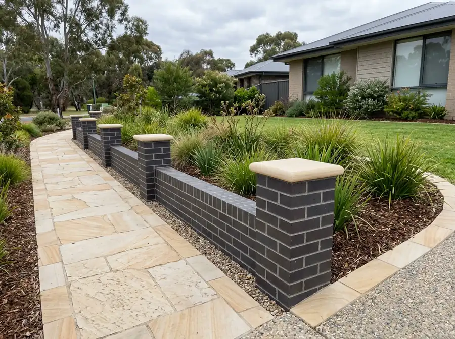 A dark charcoal brick retaining wall with brick piers and flat sandstone coloured caps beside a garden path