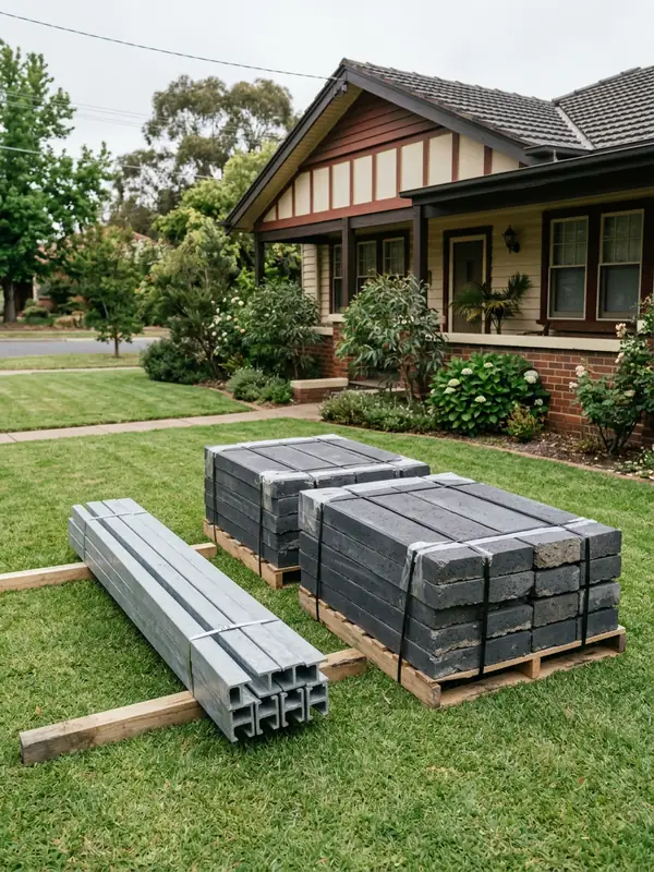 A delivery of concrete sleepers and posts on a front lawn