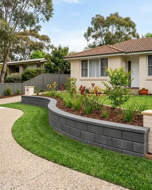 A curved charcoal smooth face block retaining wall in a Canberra front garden
