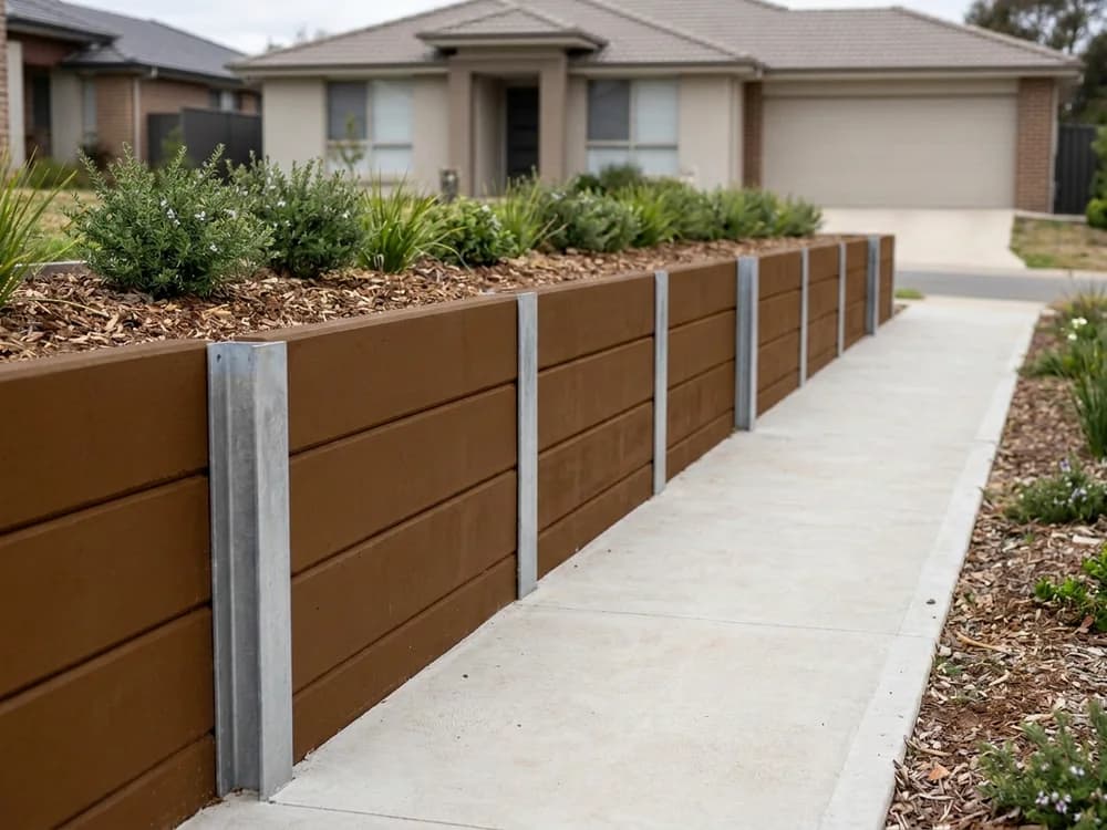 A mocha brown concrete sleeper retaining wall on galvanised steel posts running beside a concrete path in Canberra