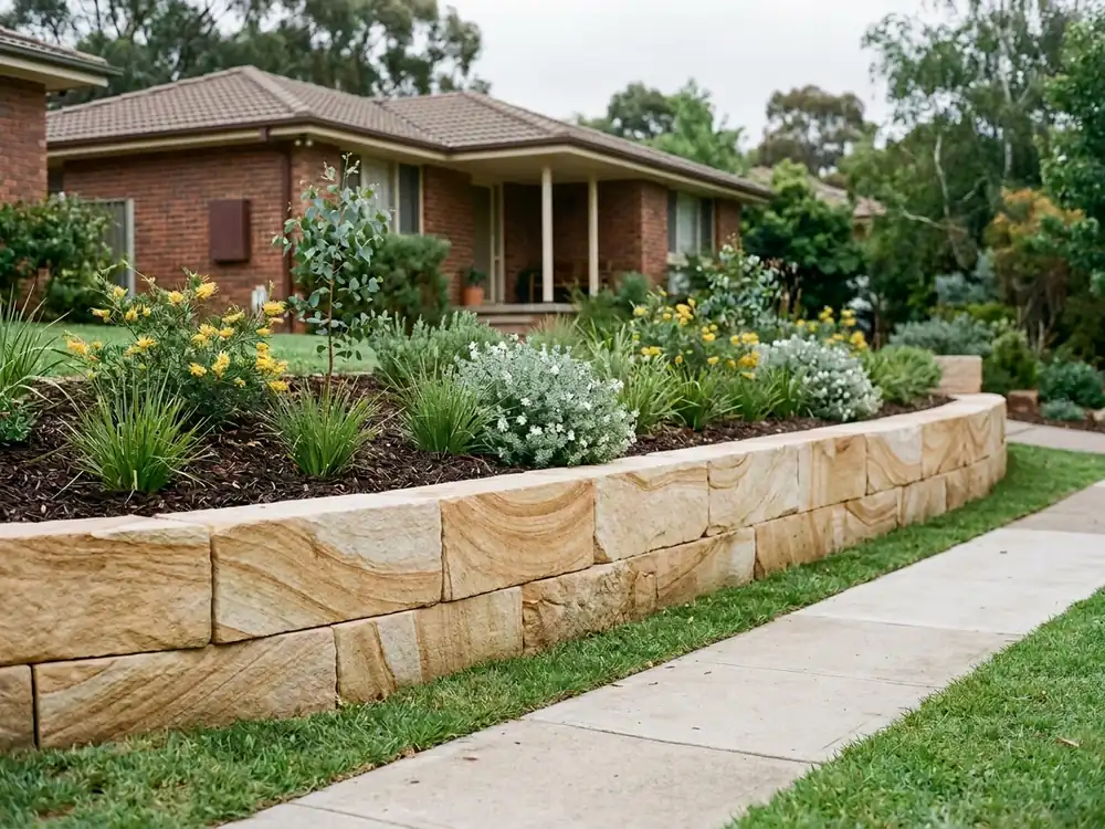 A sandstone block retaining wall holding a raised native garden in front of a Canberra home