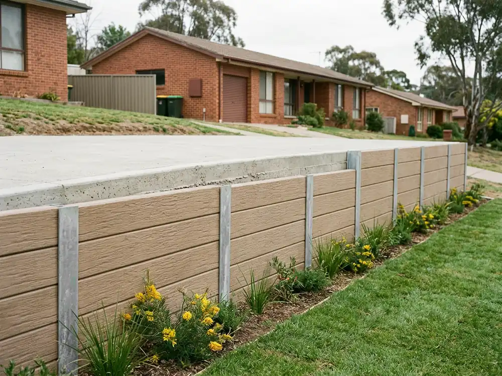 A tan concrete sleeper retaining wall holding up a concrete driveway on a sloping Canberra block