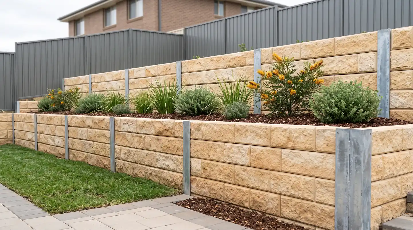 A tall two tier sandstone colour concrete sleeper retaining wall on galvanised steel posts terracing a sloping Canberra backyard