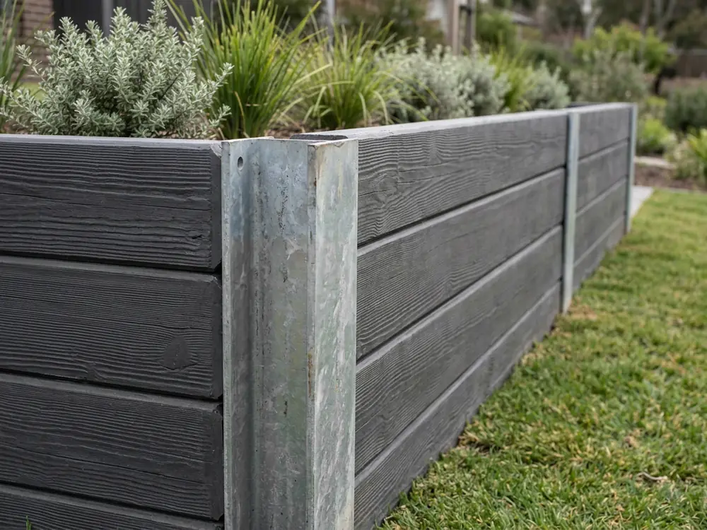 Charcoal woodgrain concrete sleepers slotted into a galvanised steel H post on a Canberra retaining wall