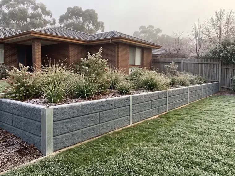 Frost on the lawn and along a Storm Grey sandstone-texture concrete sleeper retaining wall on a Canberra winter morning