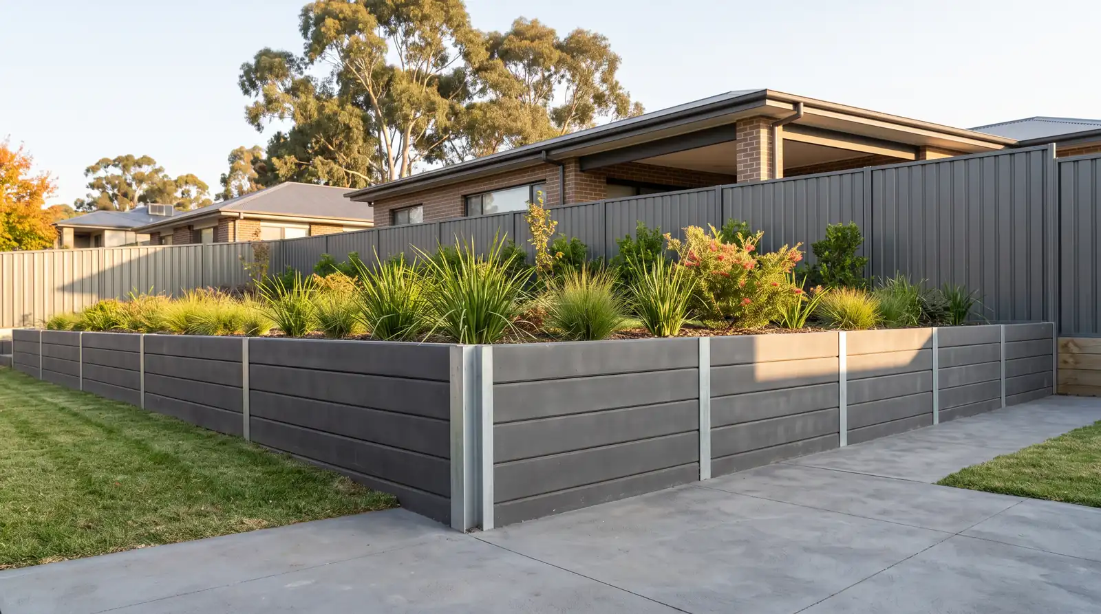 Charcoal concrete sleeper retaining wall with galvanised steel H-beam posts around a raised garden in a Canberra backyard