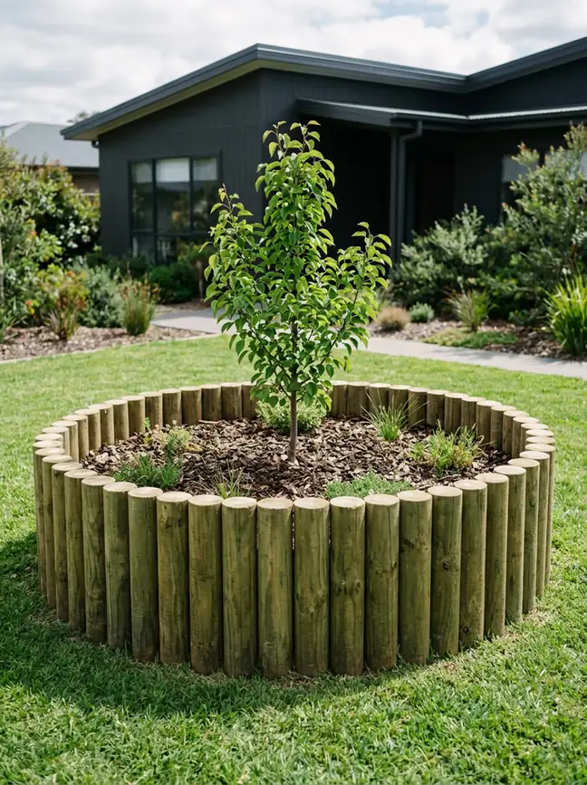 A curved palisade wall of upright logs forming a round garden bed around a tree