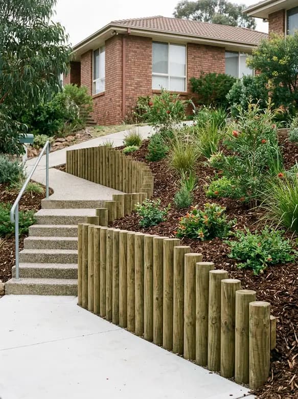 A stepped palisade retaining wall of upright logs beside front steps in Canberra