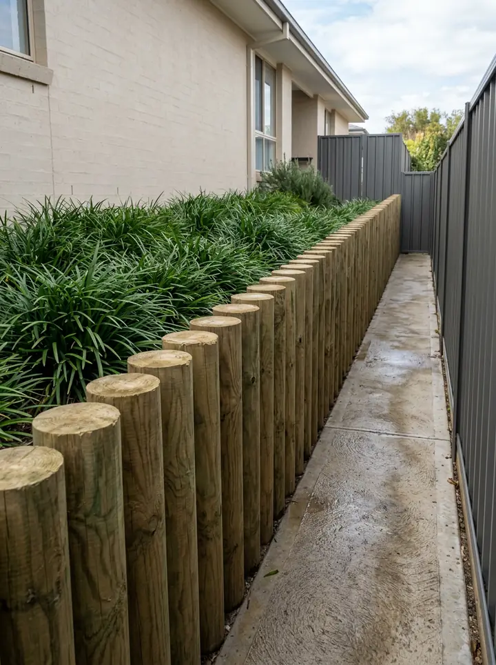 A straight palisade retaining wall of upright treated pine logs along a side passage