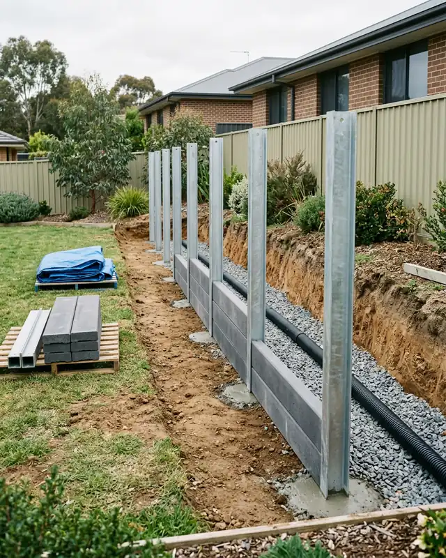 New galvanised steel posts in concrete footings, the first charcoal concrete sleepers and drainage gravel behind them, during a retaining wall replacement in a Canberra backyard
