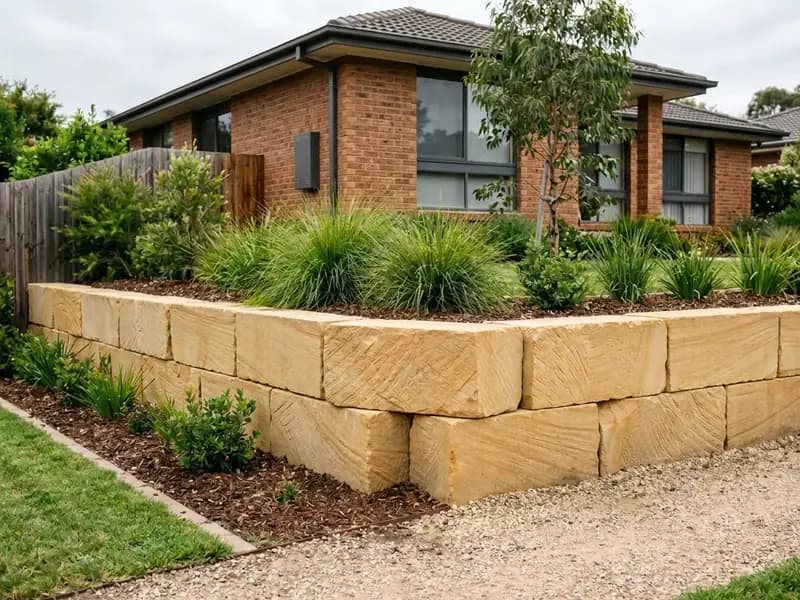 A B grade sandstone retaining wall with rough rock face fronts