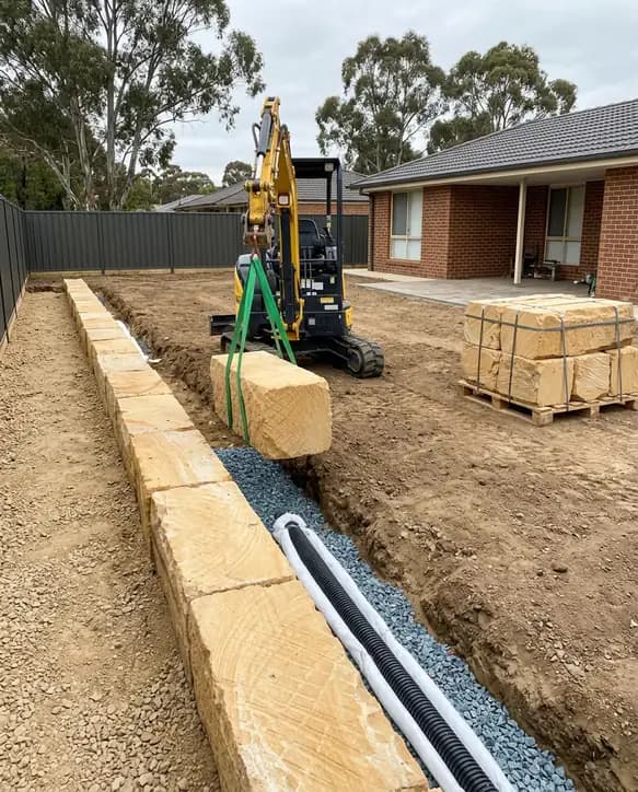 A mini excavator lowering a sandstone log onto the first course of a retaining wall, with ag pipe and gravel behind