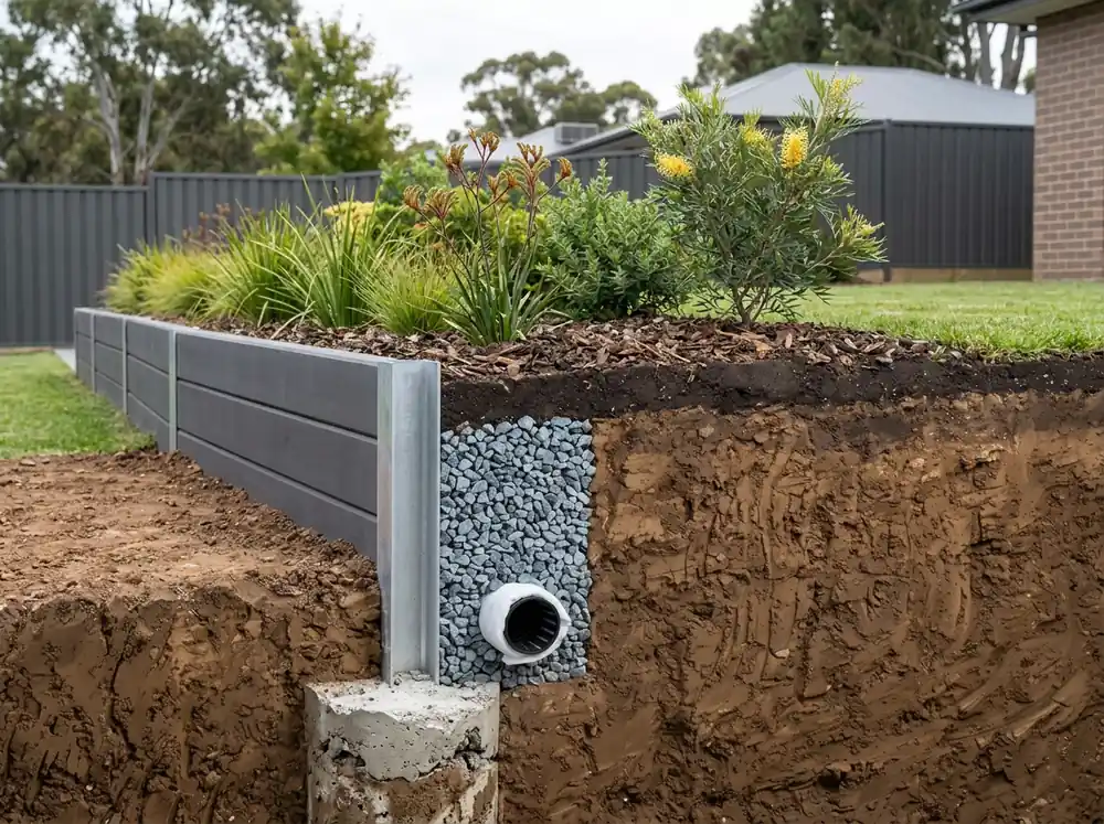 A cutaway of a charcoal concrete sleeper retaining wall showing the galvanised post, concrete footing, drainage gravel and ag pipe behind it