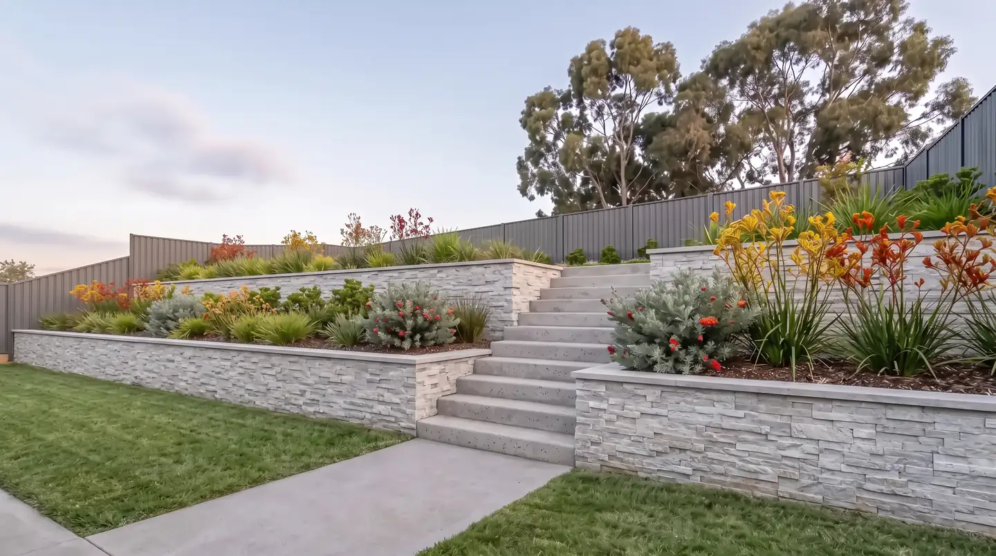 Retaining wall services in Canberra: stone clad block walls terracing a backyard garden