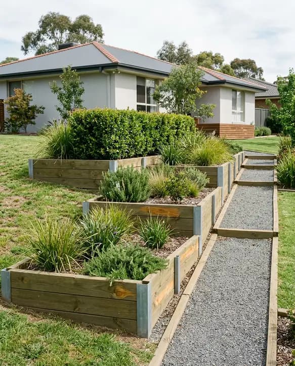 Stepped treated pine sleeper garden beds beside a gravel path at a Canberra home