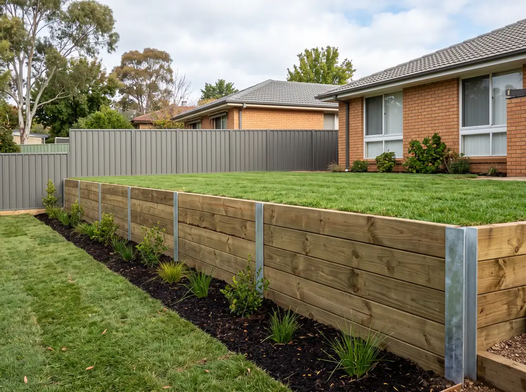 Timber Sleeper retaining wall in a Canberra backyard