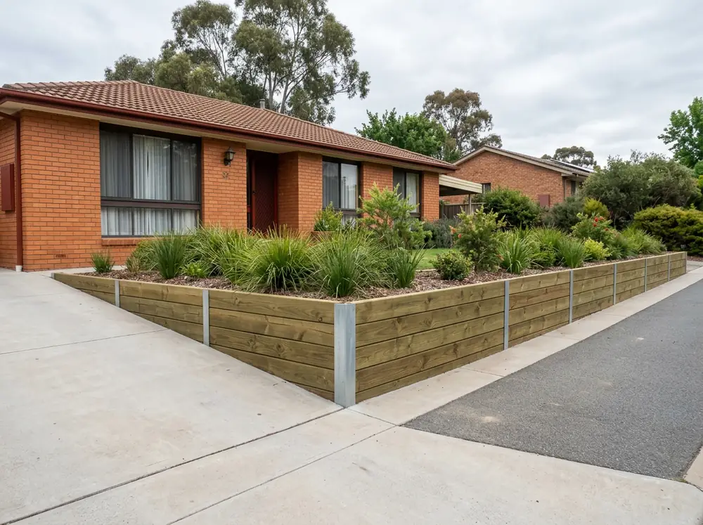 A new H4 treated pine sleeper retaining wall on galvanised steel posts in front of a 1970s Canberra brick house